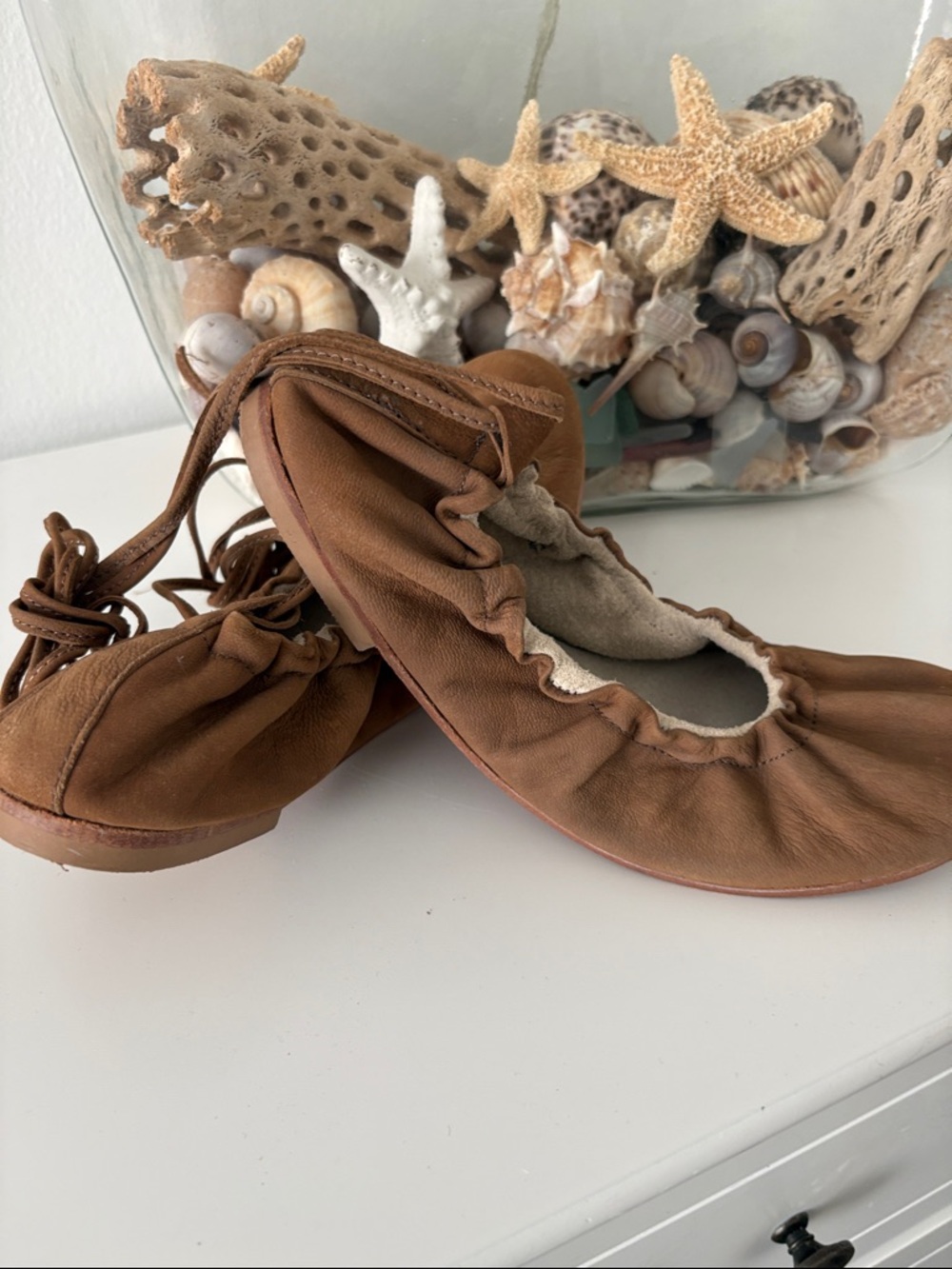 Free People Tan Leather Ruffle Ballet Flats